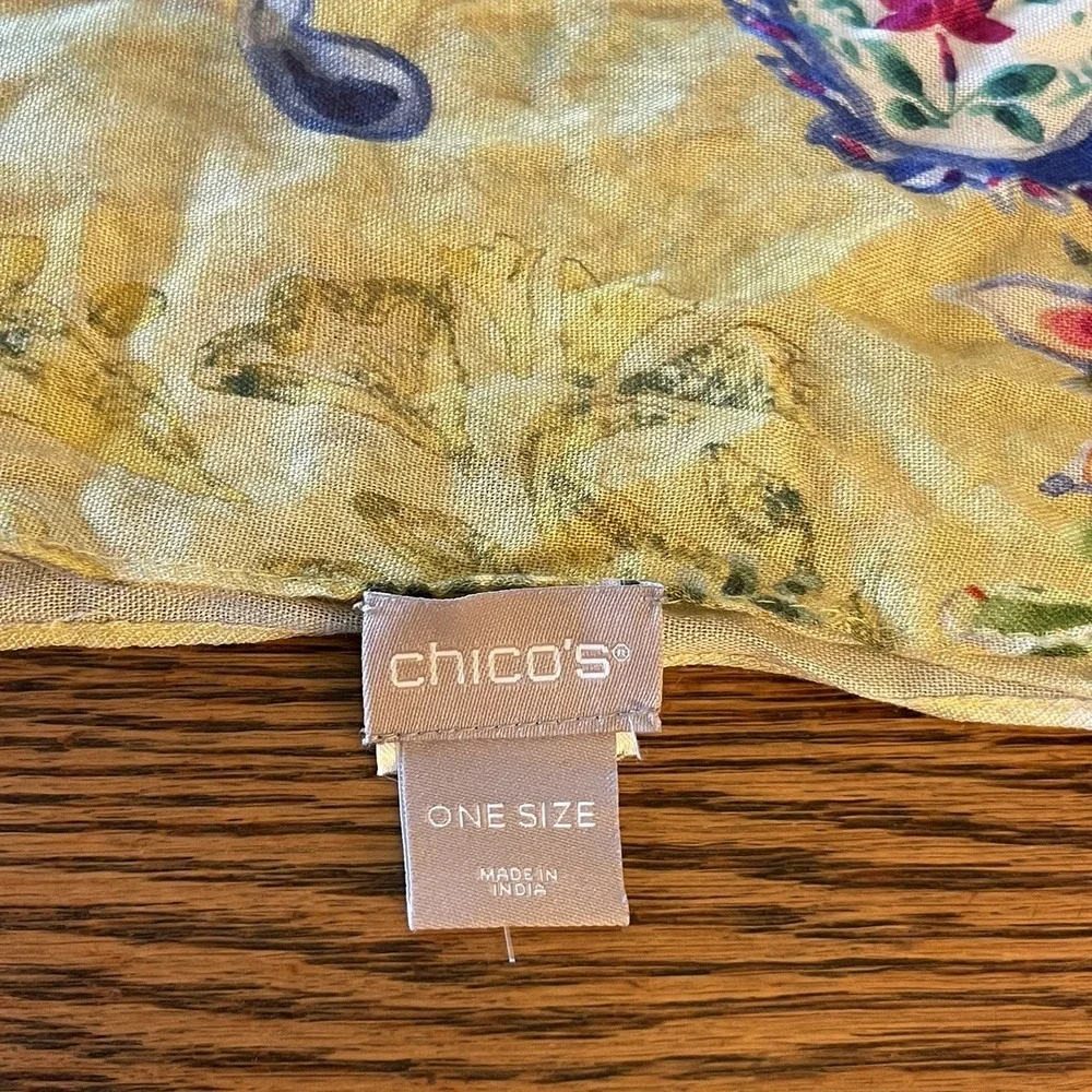 Chico's Floral Paisley Square Scarf Sheer Raw Hem Yellow Multi-Color Lightweight